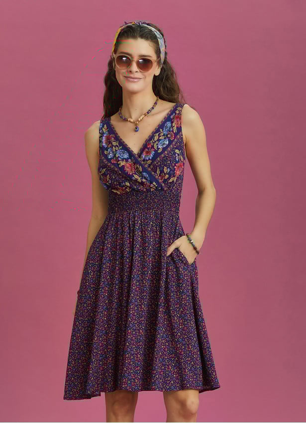 Double Breasted Neck Bohemian Style Flowers Patterned Dress