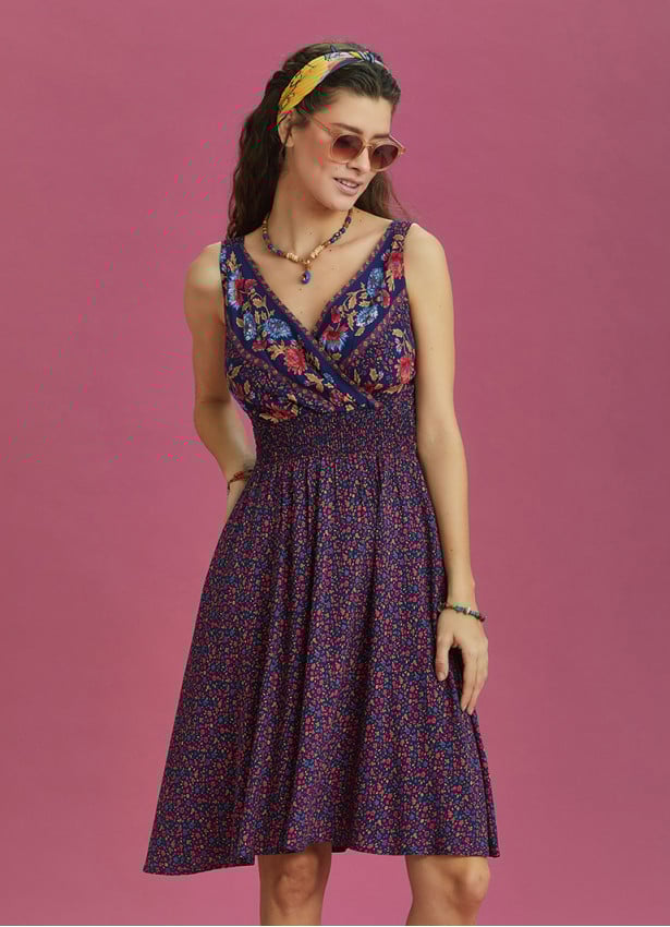 Double Breasted Neck Bohemian Style Flowers Patterned Dress