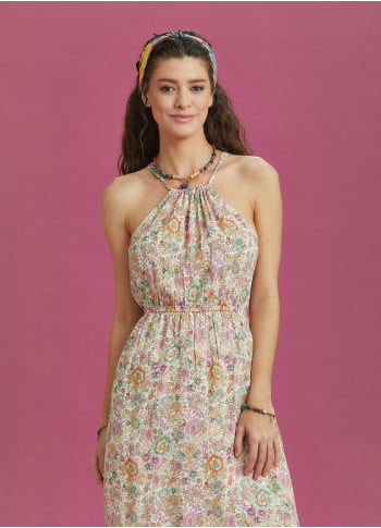 Floral Patterned Halter Neck Summer Dress