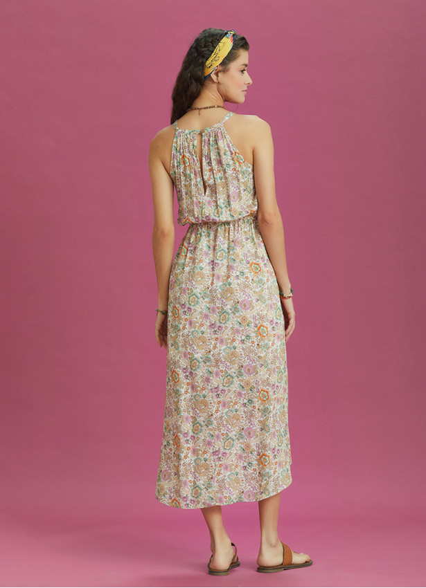 Floral Patterned Halter Neck Summer Dress