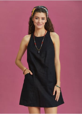 Zip-Back Halterneck Black Mini Linen Cotton Dress