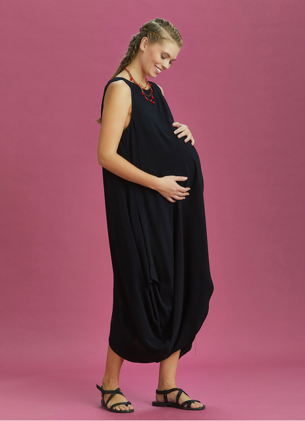 Sleeveless Front Layered Black Baggy Maternity Dress