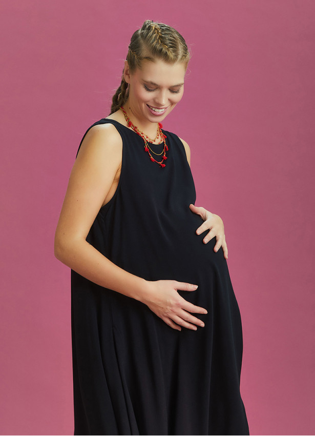 Sleeveless Front Layered Black Baggy Maternity Dress