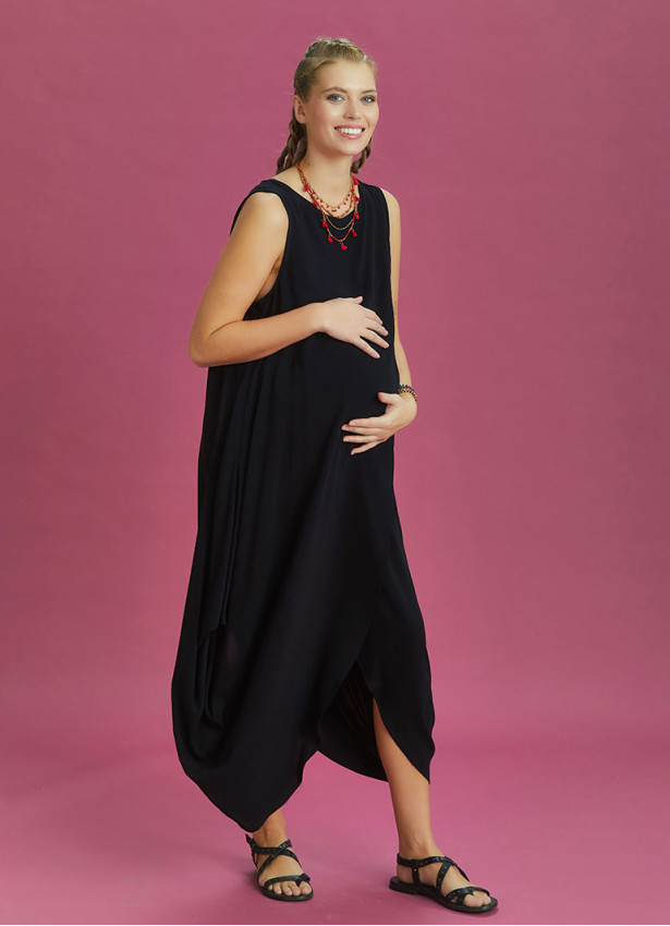 Sleeveless Front Layered Black Baggy Maternity Dress