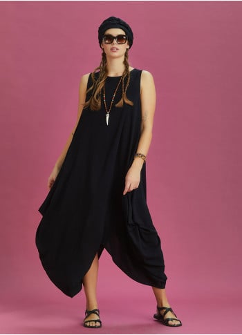 Sleeveless Front Layered Black Baggy Summer Dress