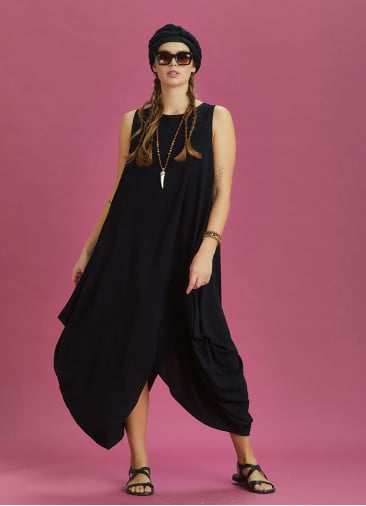 Sleeveless Front Layered Black Baggy Summer Dress