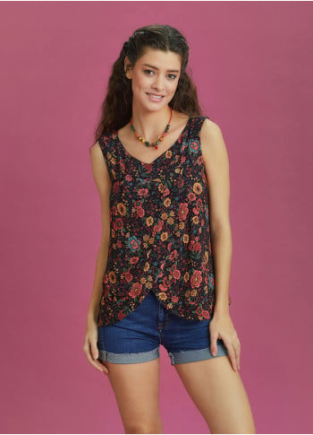 Black Floral Buttoned Summer Top