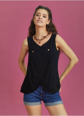 Sleeveless Boat Neck Relaxed Fit Wrap Black Top
