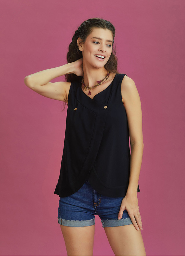 Sleeveless Boat Neck Relaxed Fit Wrap Black Top