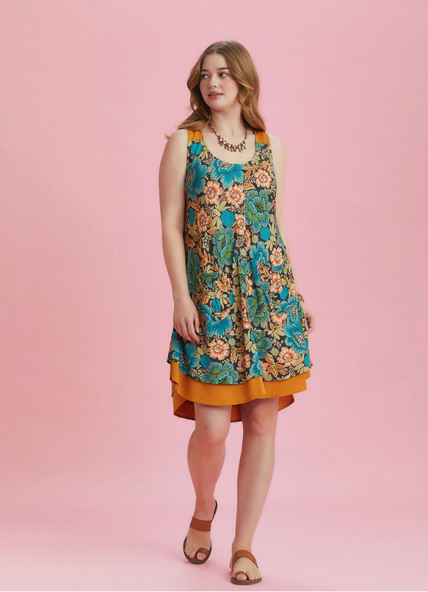 Front Pocket Detail Khaki Print Plus Size Sundress