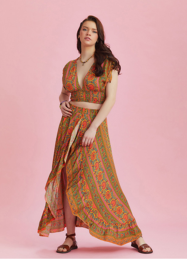 Split Front Frill Hem Orange Print Long Gypsy Skirt