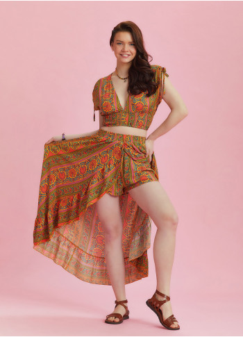Split Front Frill Hem Orange Print Long Gypsy Skirt