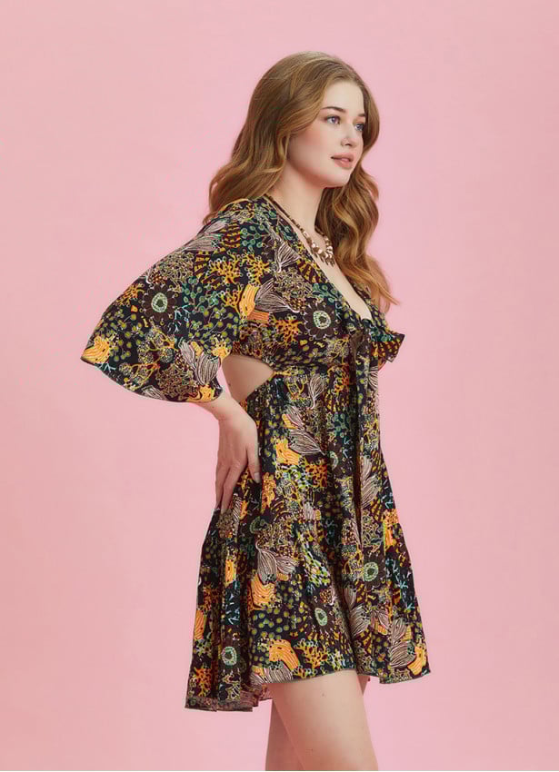 Frill Hem Tie Front Short Black Plus Size Dress