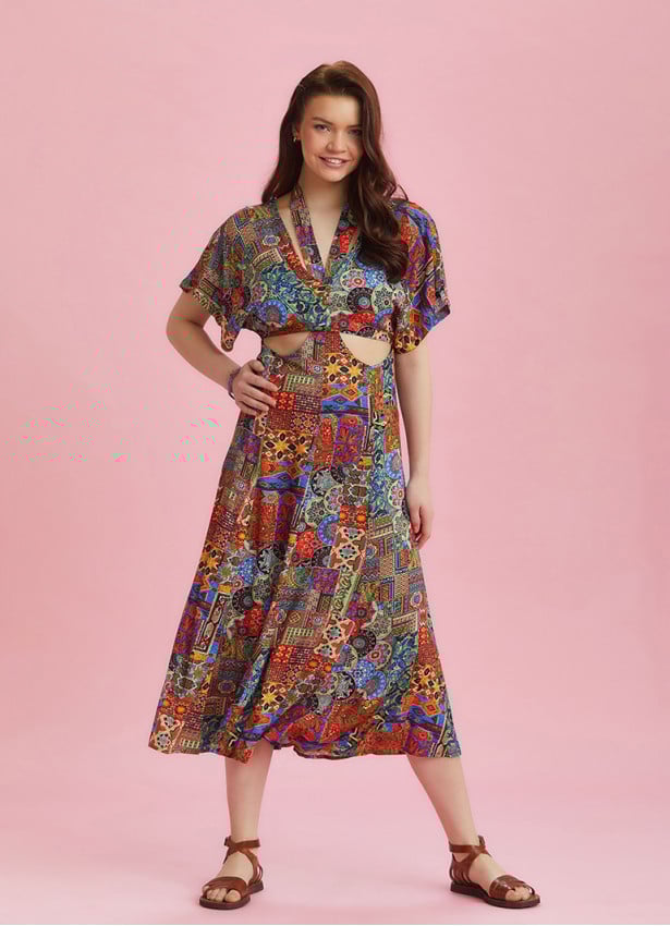 Boho Chic Style Ethnic Printed Cut Out Dress