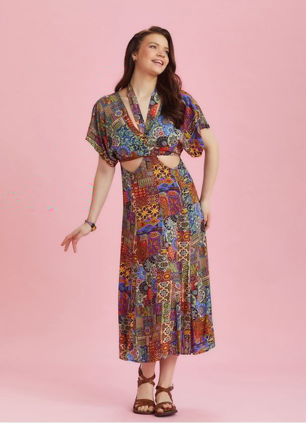 Boho Chic Style Ethnic Printed Cut Out Dress