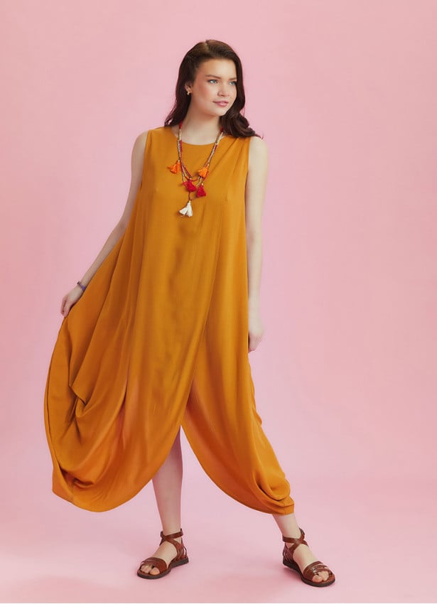 Sleeveless Front Layered Yellow Summer Baggy Dress