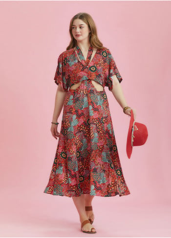 Boho Chic Style Red Printed Cut Out Plus Size Dress