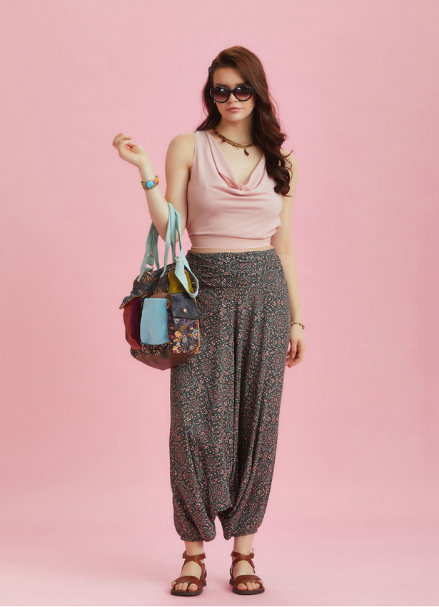Draped Front Detail Elastic Waist Antique Print Salwar Pants