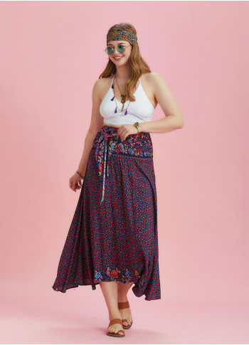 Floral Patterned Loose Asymmetric Plus Size Skirt