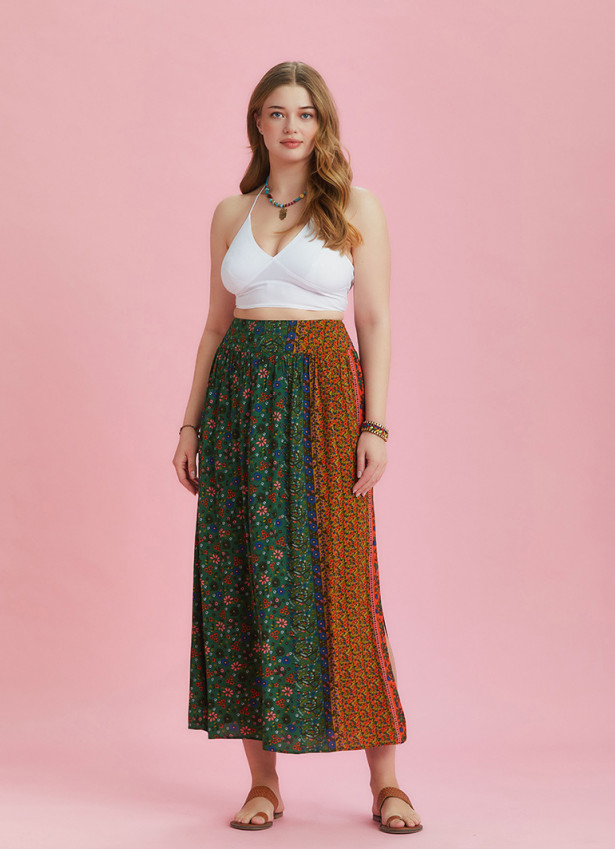 Green Elastic Waist Side Slit Plus Size Skirt