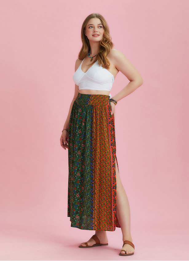Green Elastic Waist Side Slit Plus Size Skirt