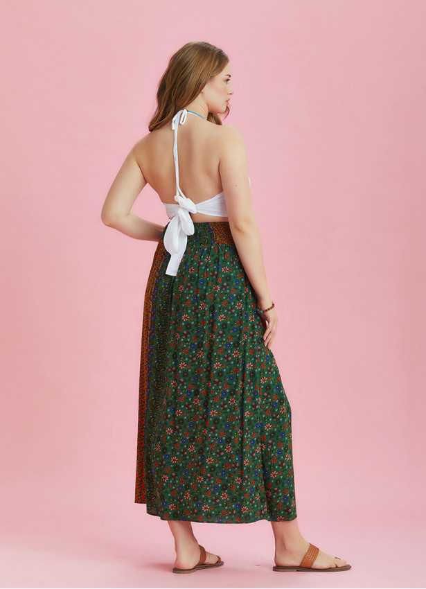 Green Elastic Waist Side Slit Plus Size Skirt