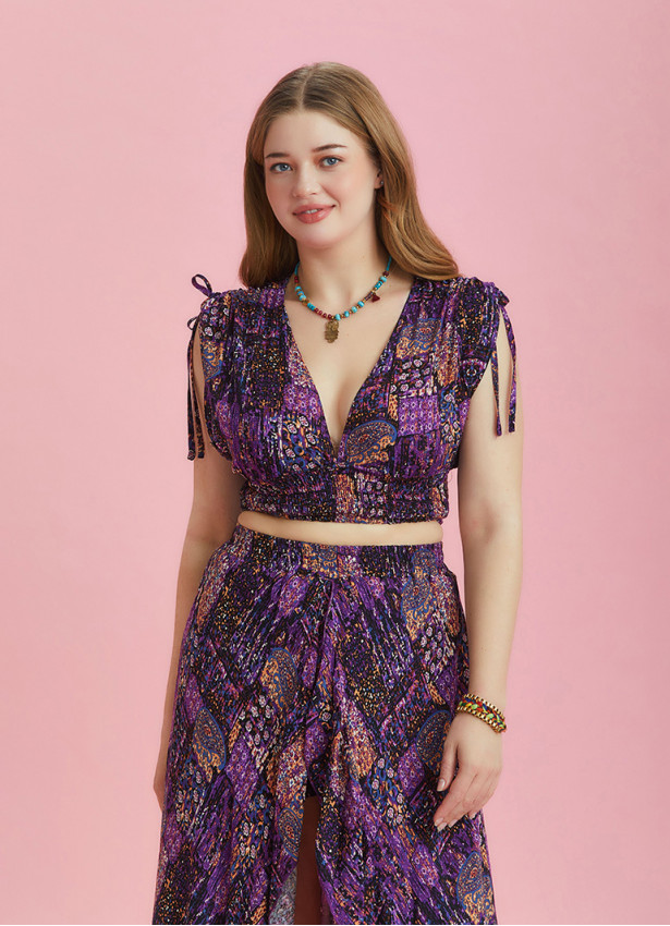 Drawstring Raglan Sleeve Ethnic Print Plus Size Top