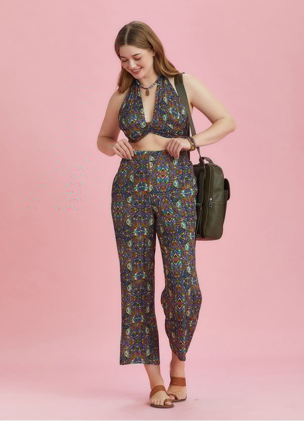 Boho Chic Shirred Back Tie Neck Halter Paterned Plus Size Crop Top