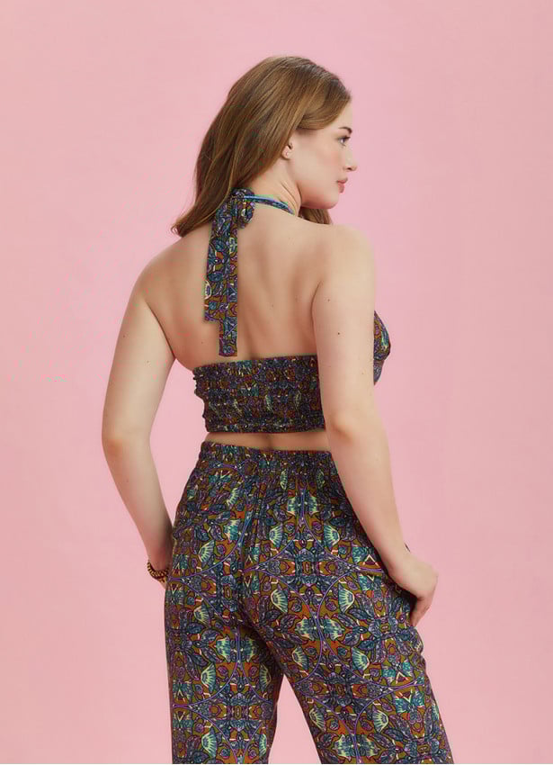 Boho Chic Shirred Back Tie Neck Halter Paterned Plus Size Crop Top