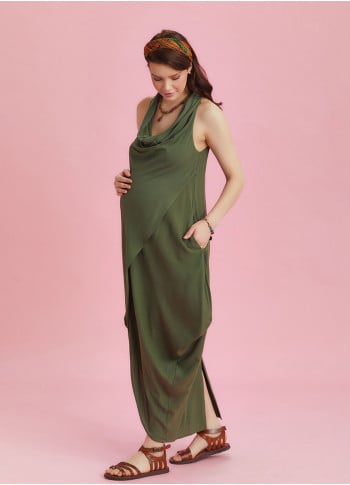 Bohemian Stylish Authentic Degaje Neck Khaki Maternity Dress
