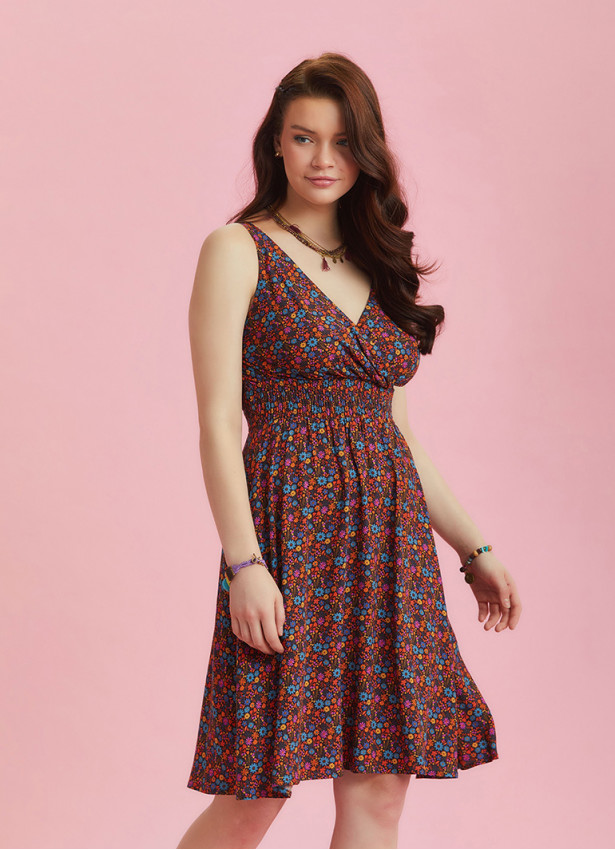 Bohemian Style Double Breasted V-Neck Flowers Patterned Dress