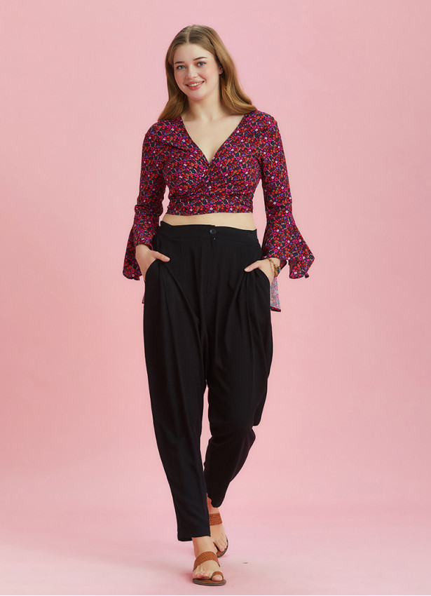 Drop Crotch Black Pleated Plus Size Summer Pants