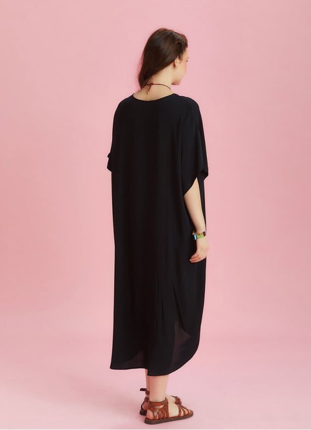 Twist Front Loose Black Bat Wing Dress