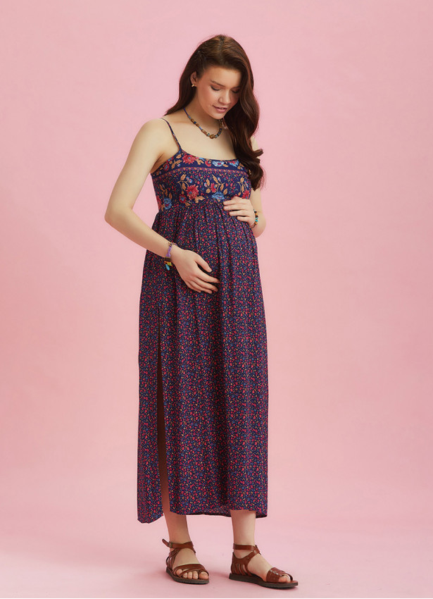 Strappy Button Back Pink Floral Slit Maternity Dress