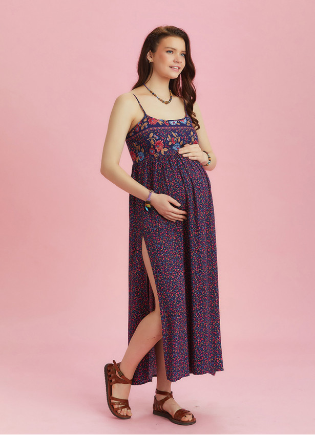 Strappy Button Back Pink Floral Slit Maternity Dress