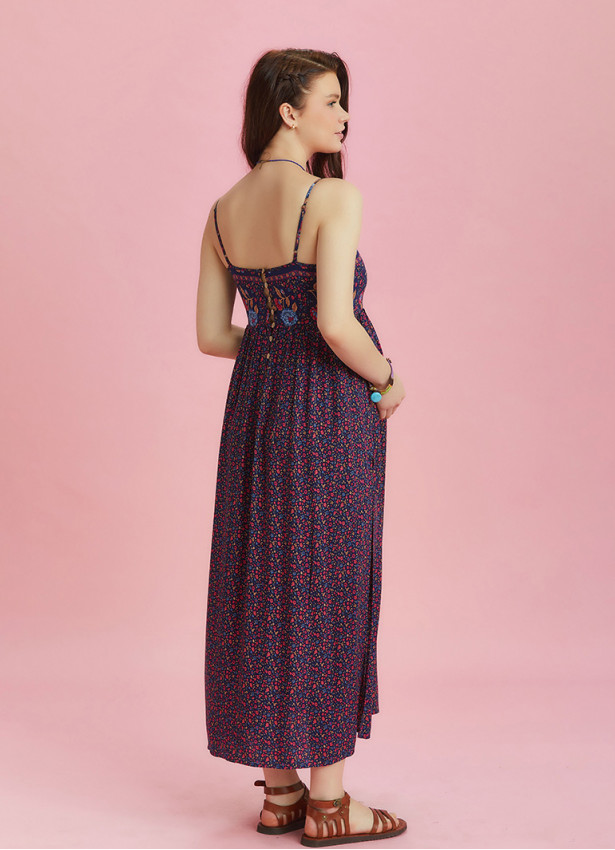 Strappy Button Back Pink Floral Slit Maternity Dress