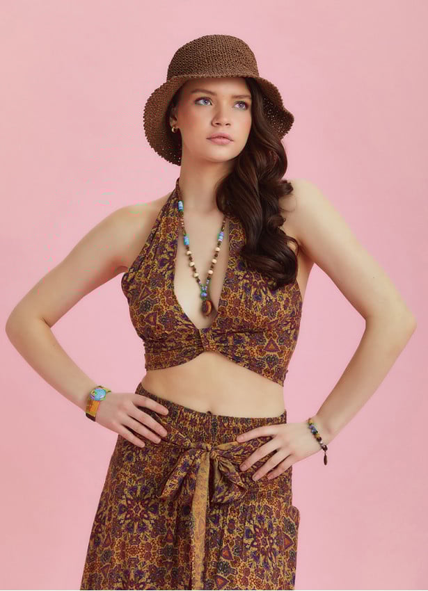 Boho Chic Shirred Back Tie Neck Halter Crop Top