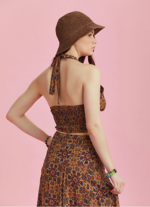 Boho Chic Shirred Back Tie Neck Halter Crop Top