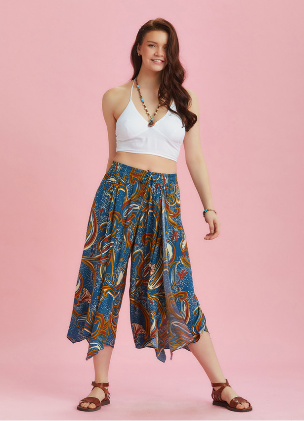 Blue Printed Loose Fit Split Front Hippie Pants