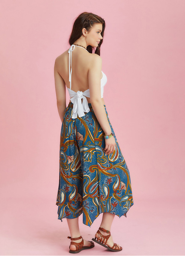 Blue Printed Loose Fit Split Front Hippie Pants