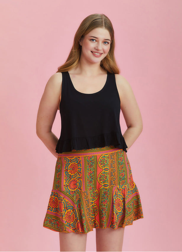 Boho Chic Style Orange Ruffled Plus Size Skort