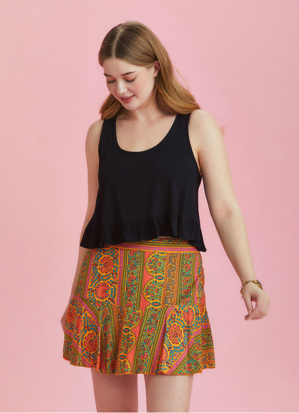Boho Chic Style Orange Ruffled Plus Size Skort