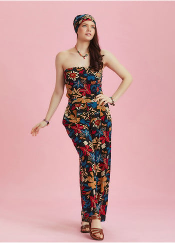 Black Floral Print Wide Leg Strapless Overall