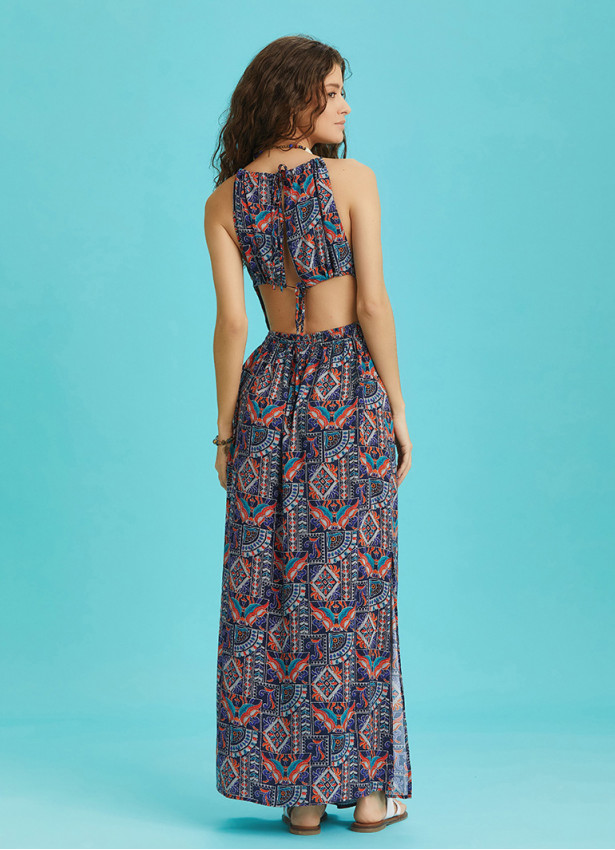 Open Back Halter Neck Printed Slit Sundress