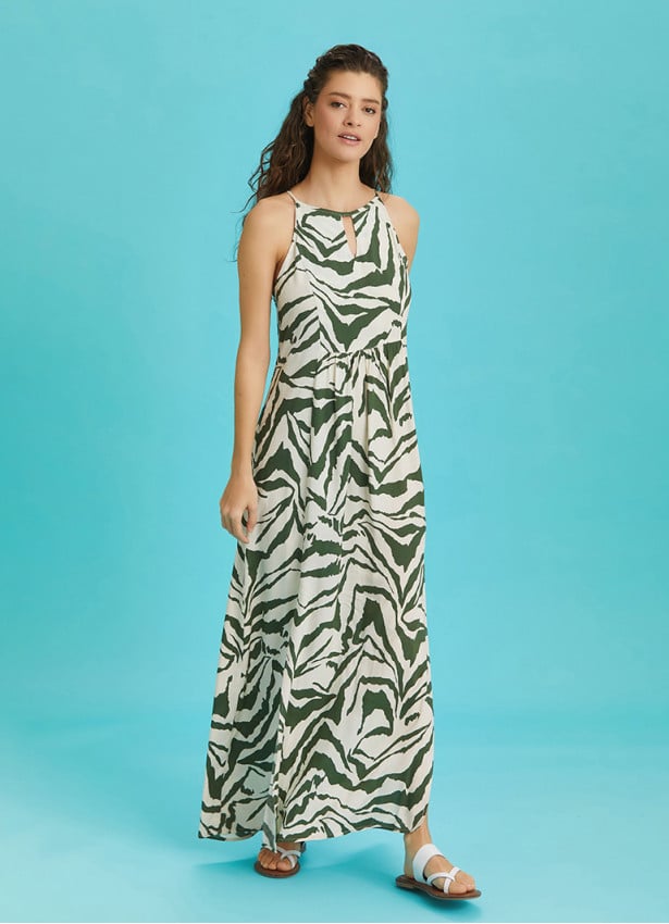Double Front Slit Detail Decollete Green Dress