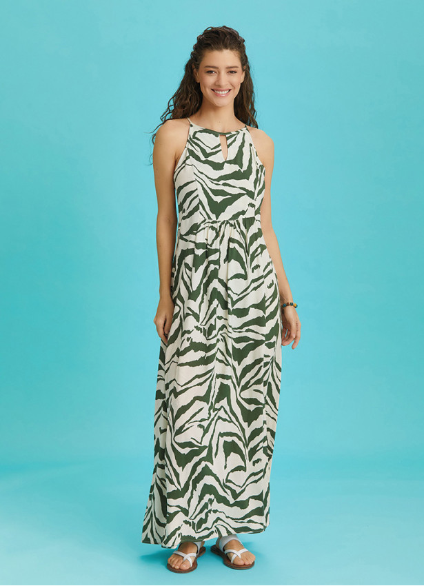 Double Front Slit Detail Decollete Green Dress