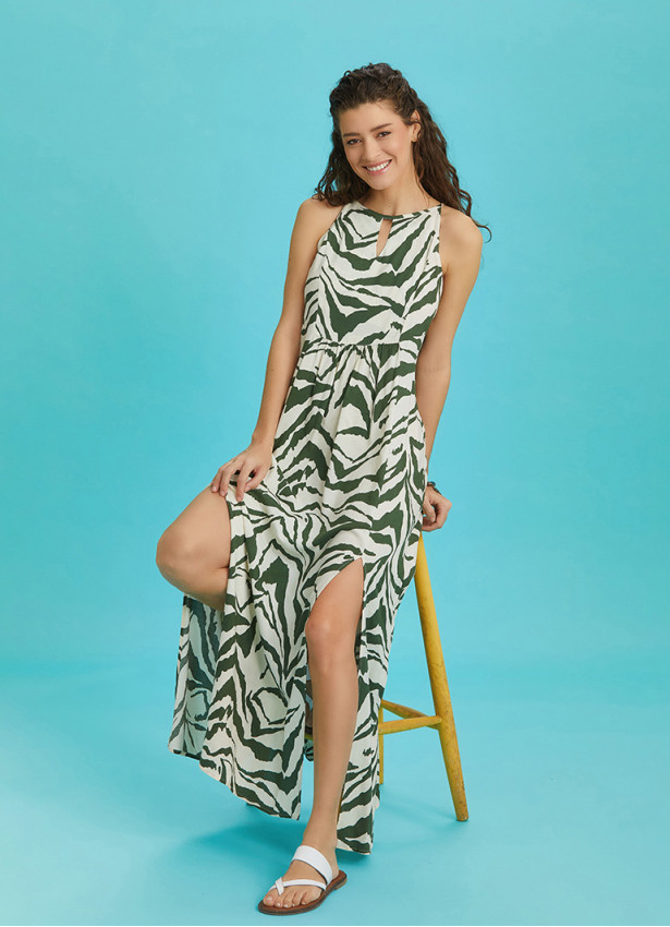 Double Front Slit Detail Decollete Green Dress
