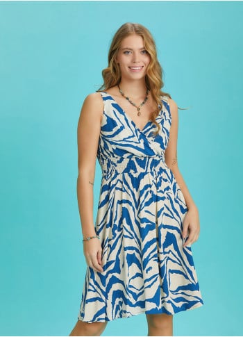 Bohemian Style Double Breasted V-Neck Blue Patterned Dress