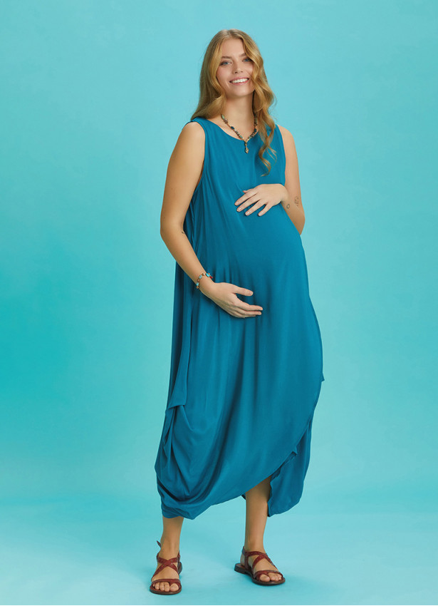 Sleeveless Front Layered Blue Baggy Maternity Dress