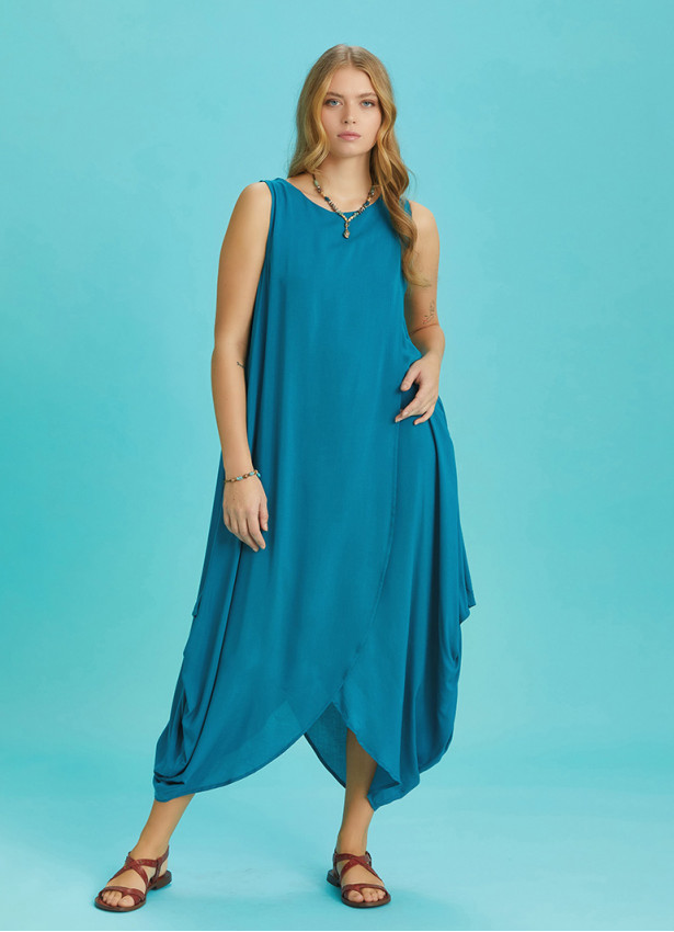 Sleeveless Front Layered Blue Baggy Summer Dress